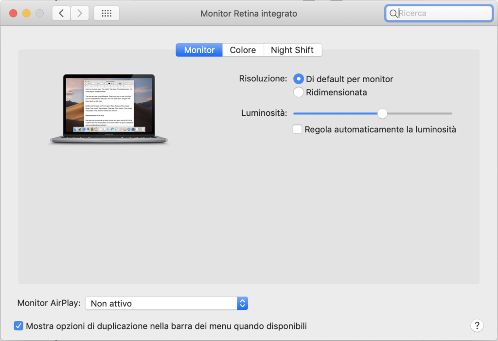 regolazione automacia display macbook